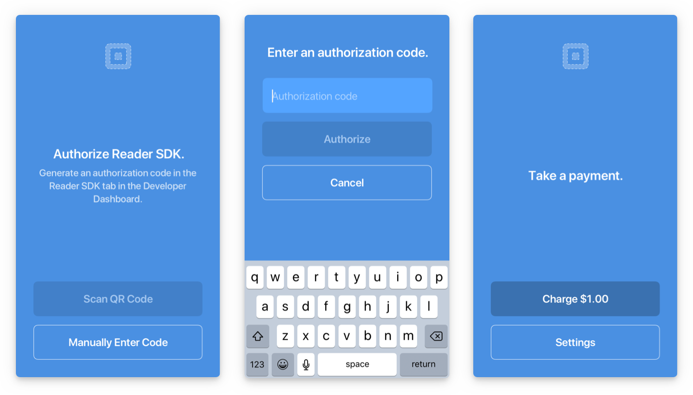 A graphic showing the three mobile application pages created by the Reader SDK for authorizing the mobile device and taking a payment.