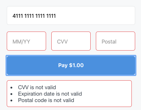 A graphic showing a payment form with error condition input fields and an error box.