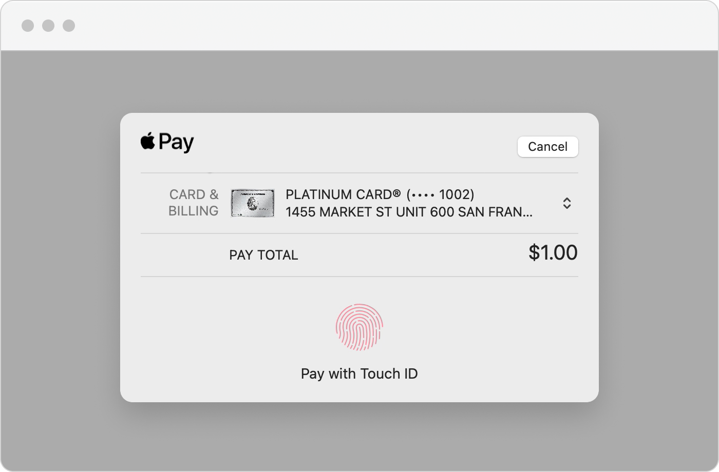 A graphic showing the Apple Pay sheet rendered by the Web Payments SDK.
