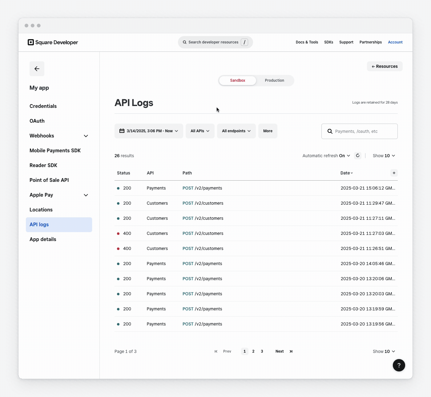 An animated graphic showing how to use the API Logs feature.