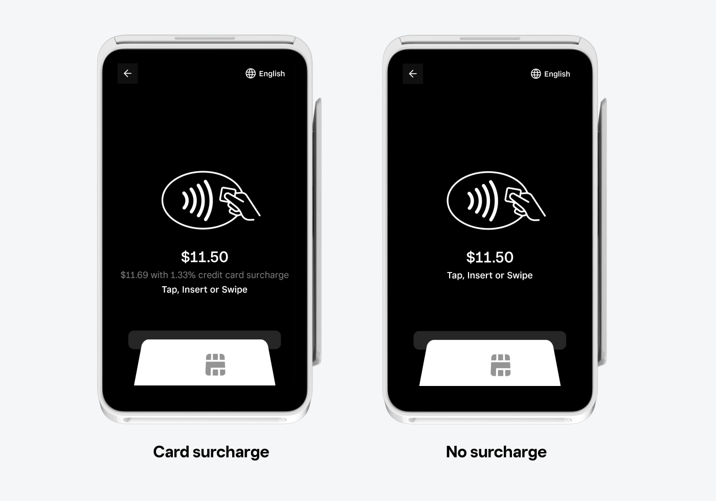 An image of two Square Terminal checkout confirmation screens, first with surcharge detail, second without