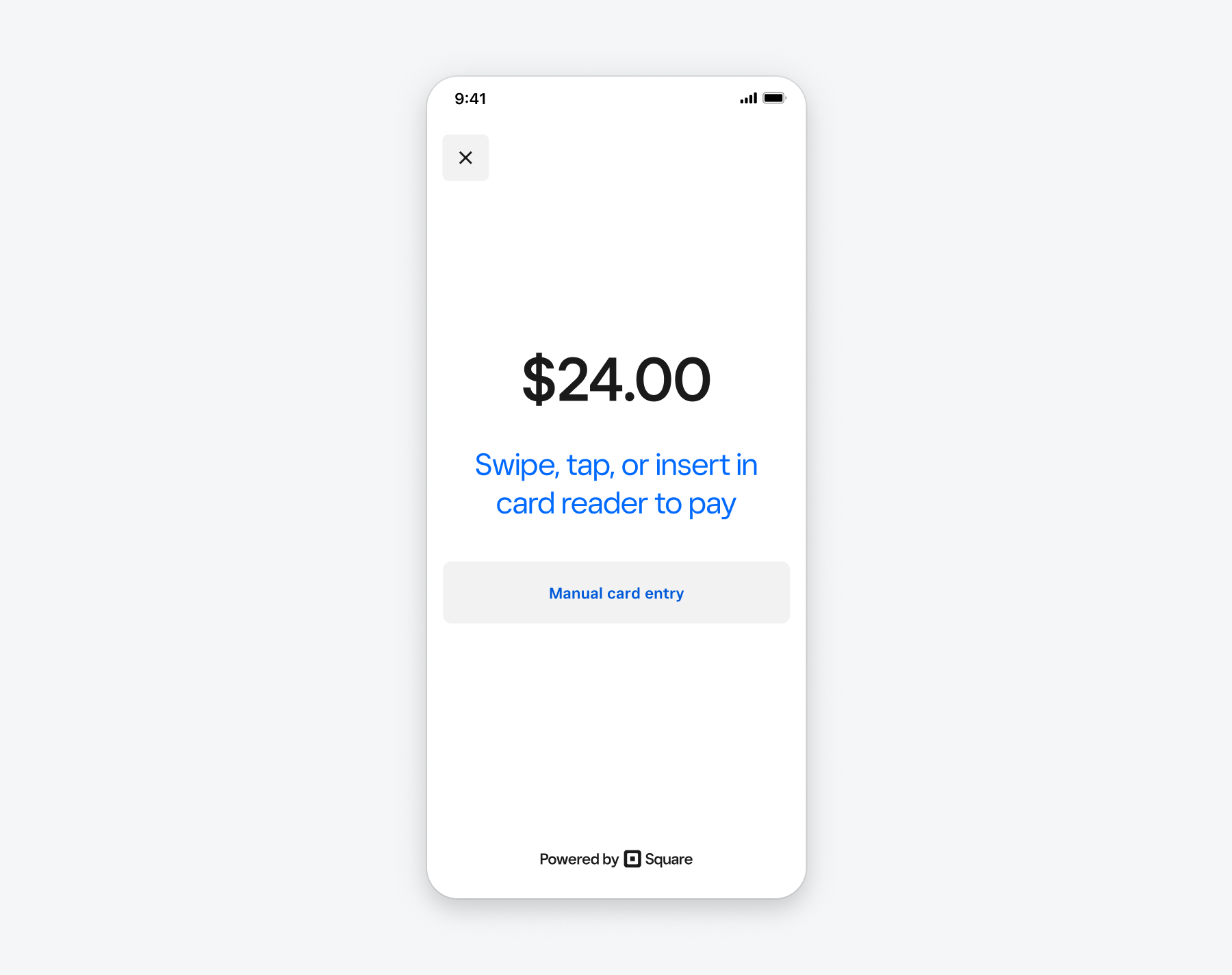 A graphic showing the Square-provided payment prompt screen for the Mobile Payments SDK. The screen shows a 24 dollar payment and prompts the buyer to swipe, tap, or insert in card reader to pay.
