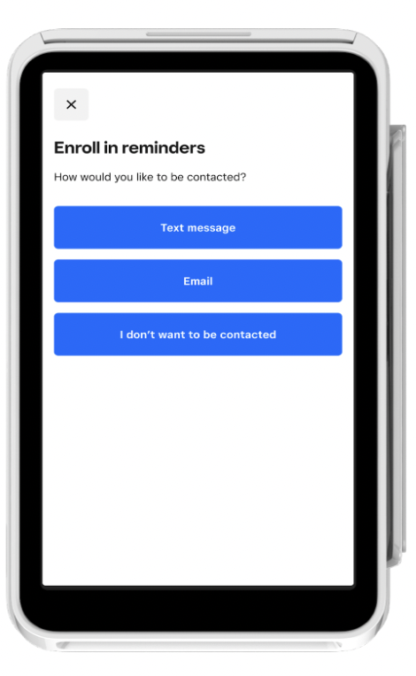 A Square Terminal showing a screen asking the buyer how they want to receive reminders from the seller.