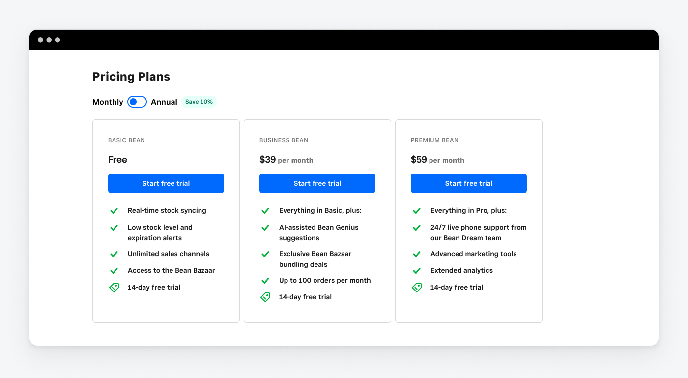 An image showing the Pricing Plans page of an App Marketplace listing.