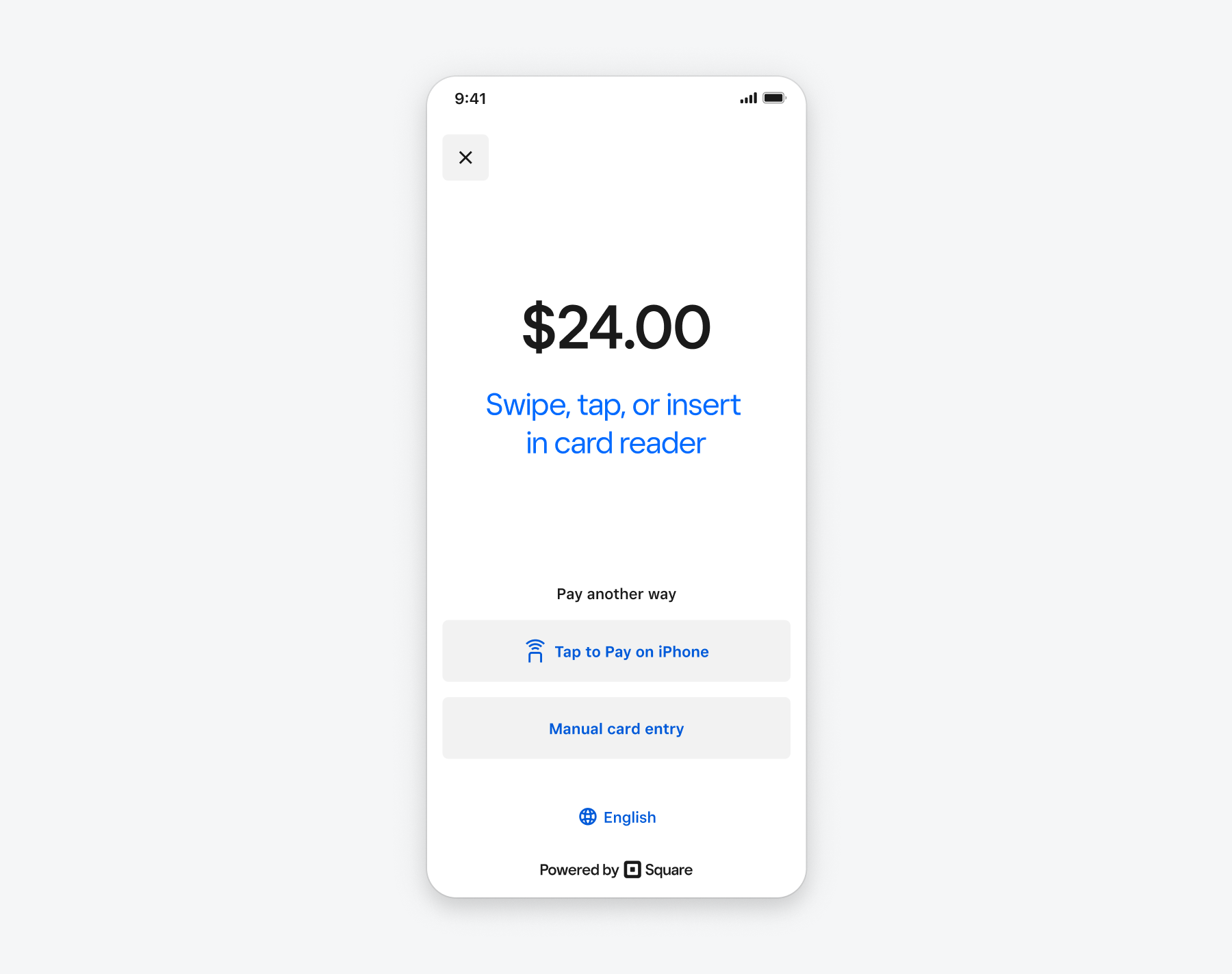 A screenshot of the Mobile Payments SDK payment flow on iOS, prompting buyers to swipe, tap, or insert their card into a card reader or use Tap to Pay on an iPhone.