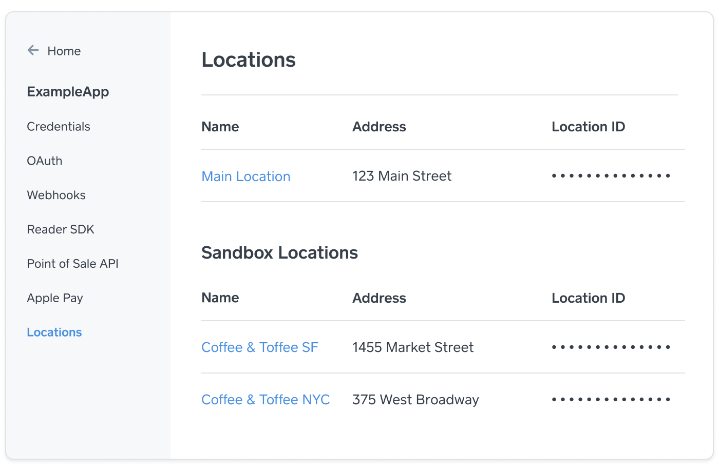 A graphic showing the Sandbox Locations page, where you choose a location ID.