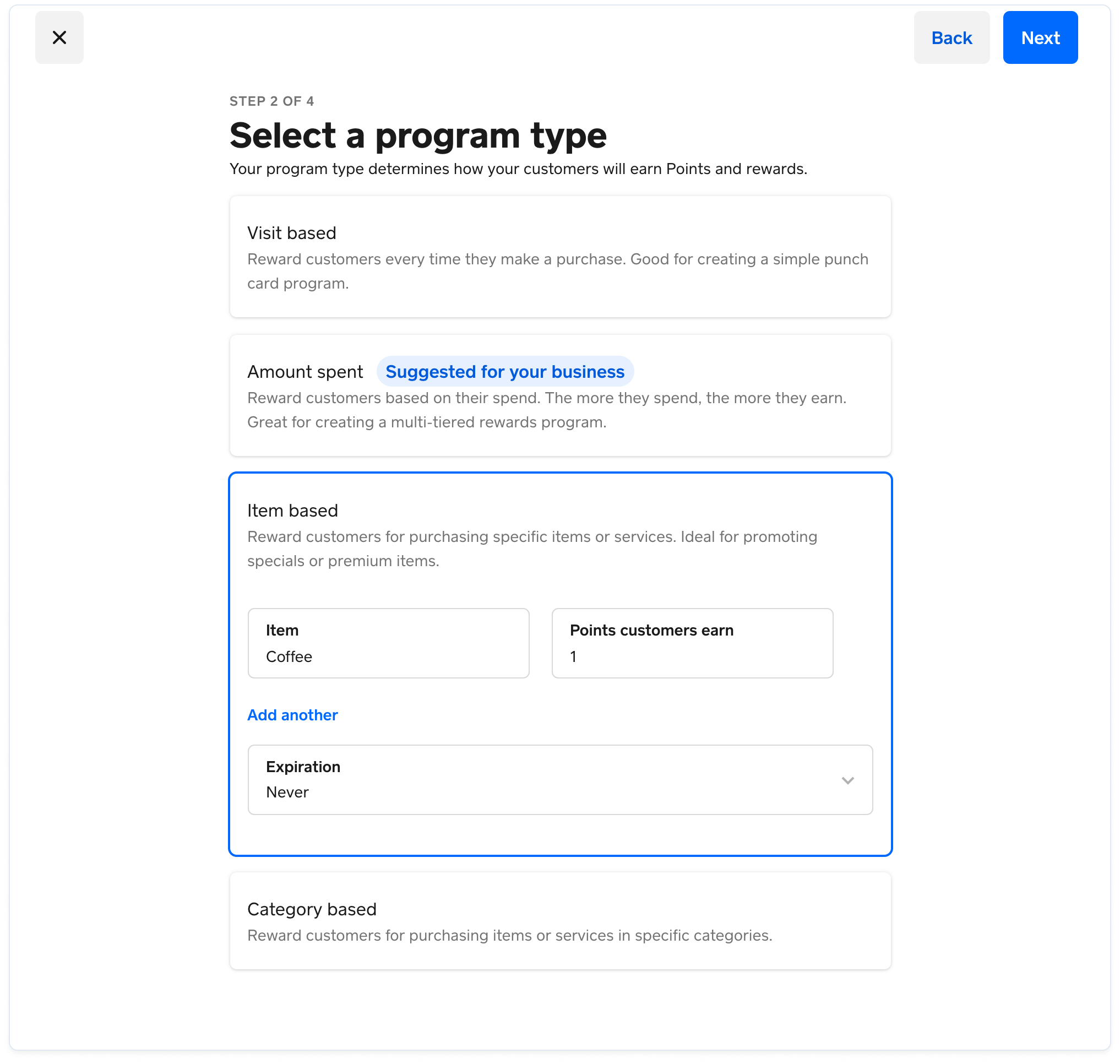 A screenshot showing how sellers set up an "Item based" program type where buyers earn 1 point for every coffee purchased.