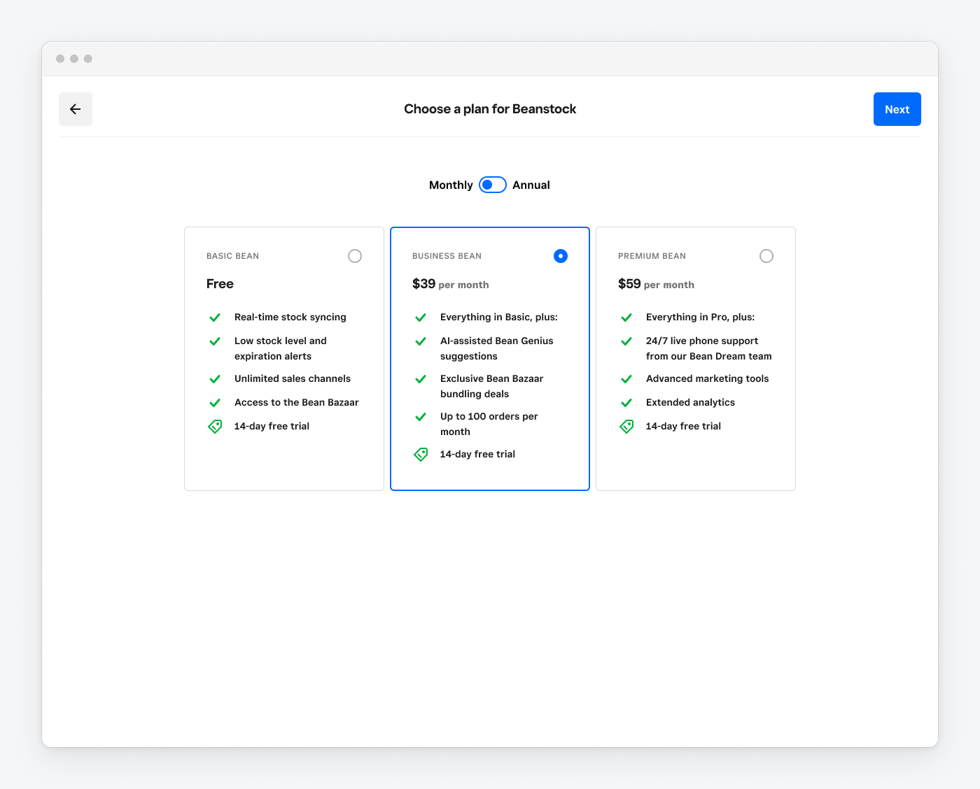 The Subscription selection flow– choosing between basic, business, and premium app subscription plans billed monthly