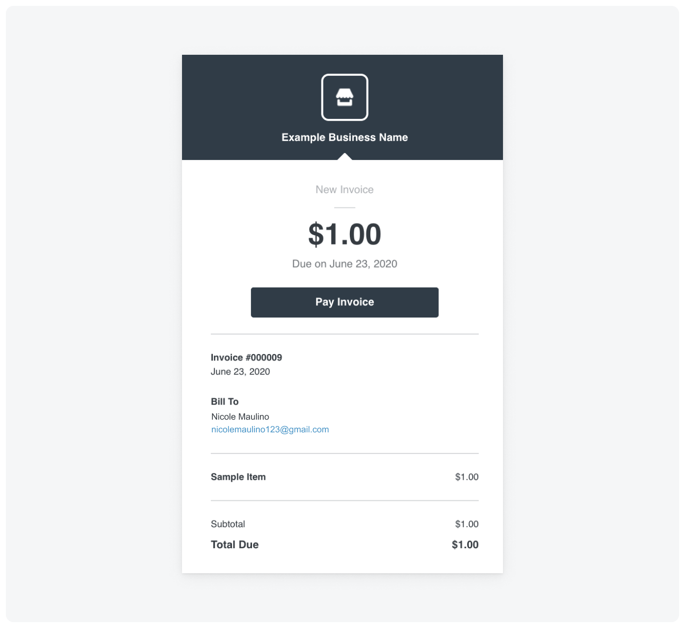 An example invoice that Square emails to customers, which includes a "Pay Invoice" button that opens to the invoice payment page.