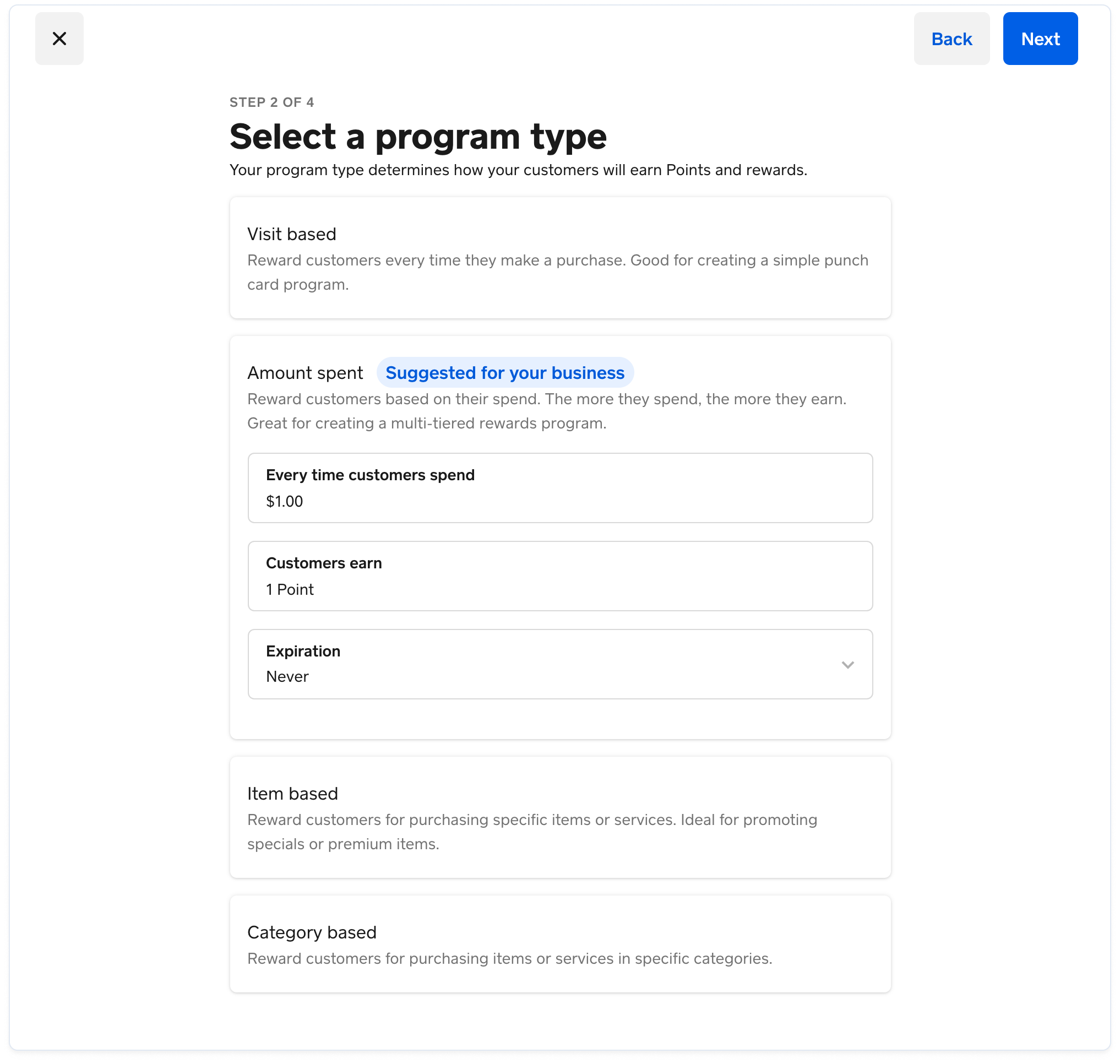 A screenshot showing how sellers set up an "Amount spent" program type where buyers earn 1 point for every dollar spent.