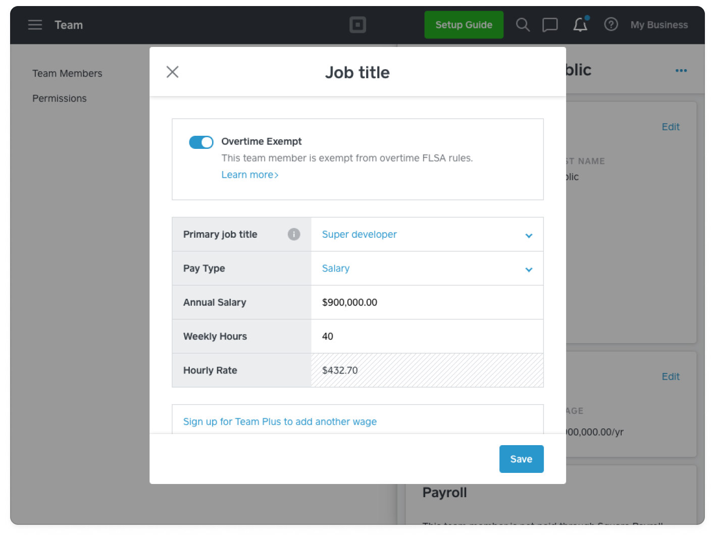 A graphic showing where to set a team member job title in the Seller Dashboard Team management application.