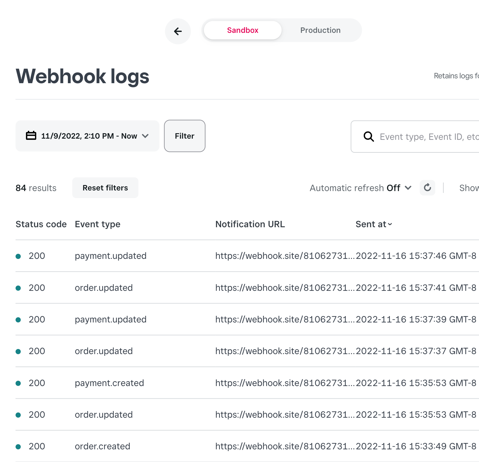 An image of the Developer Dashboard webhook logger showing order and payment events.