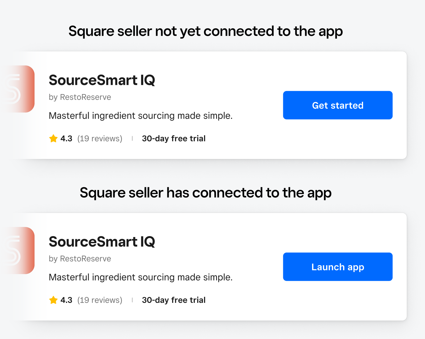 An image showing two versions of the get started prompt for an app marketplace listing