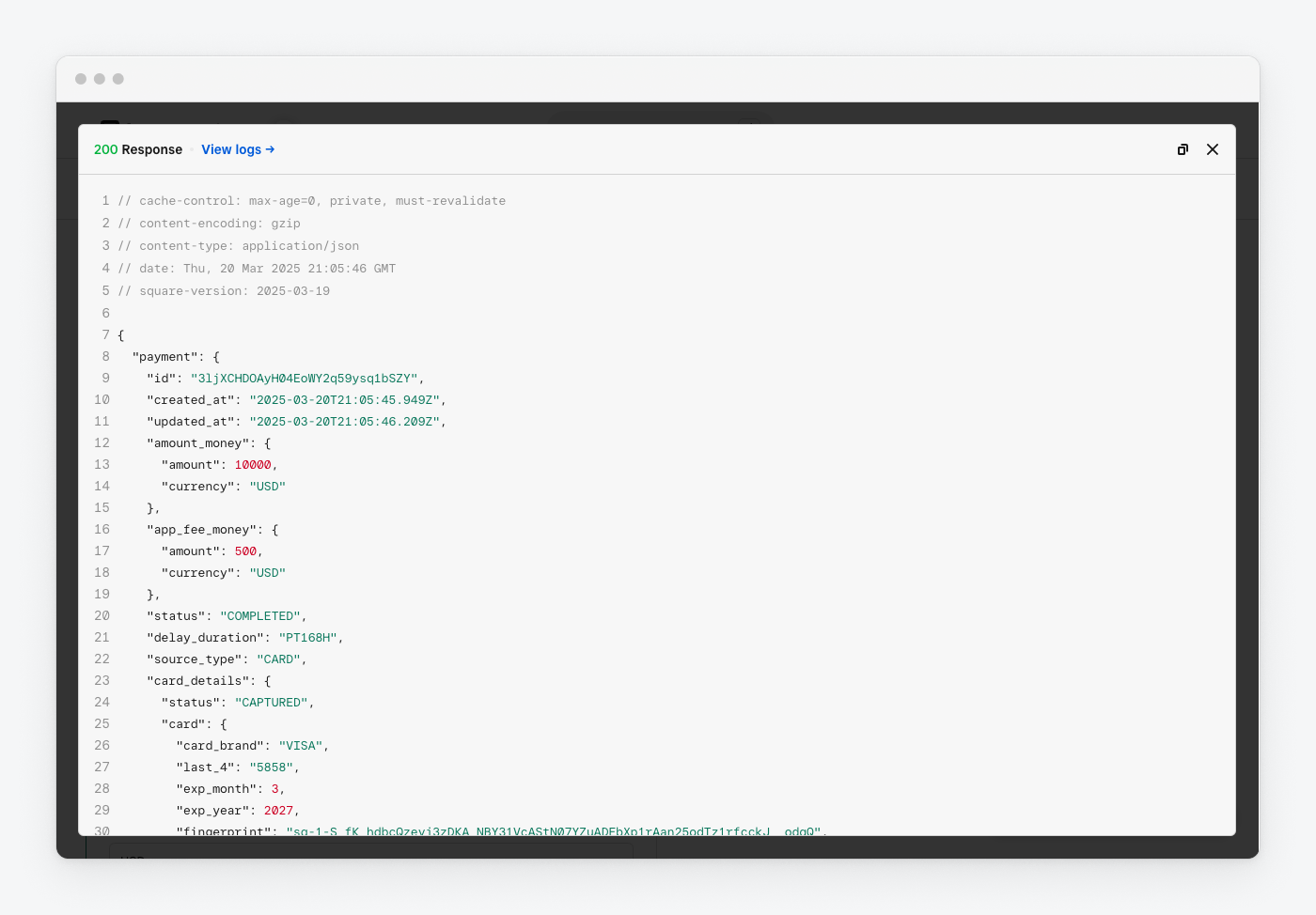 A screenshot showing the details of a response when a request is made using API Explorer.