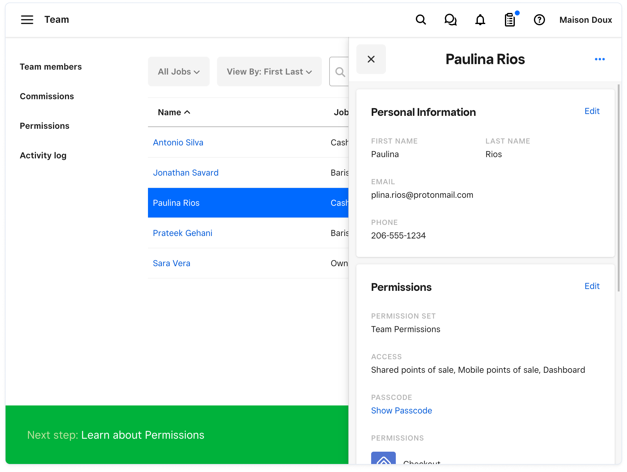 A graphic showing details of a team member in the Seller Dashboard Team management application.