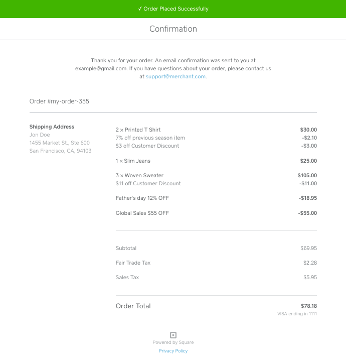 A graphic showing the Checkout API confirmation page, with the order details and totals.
