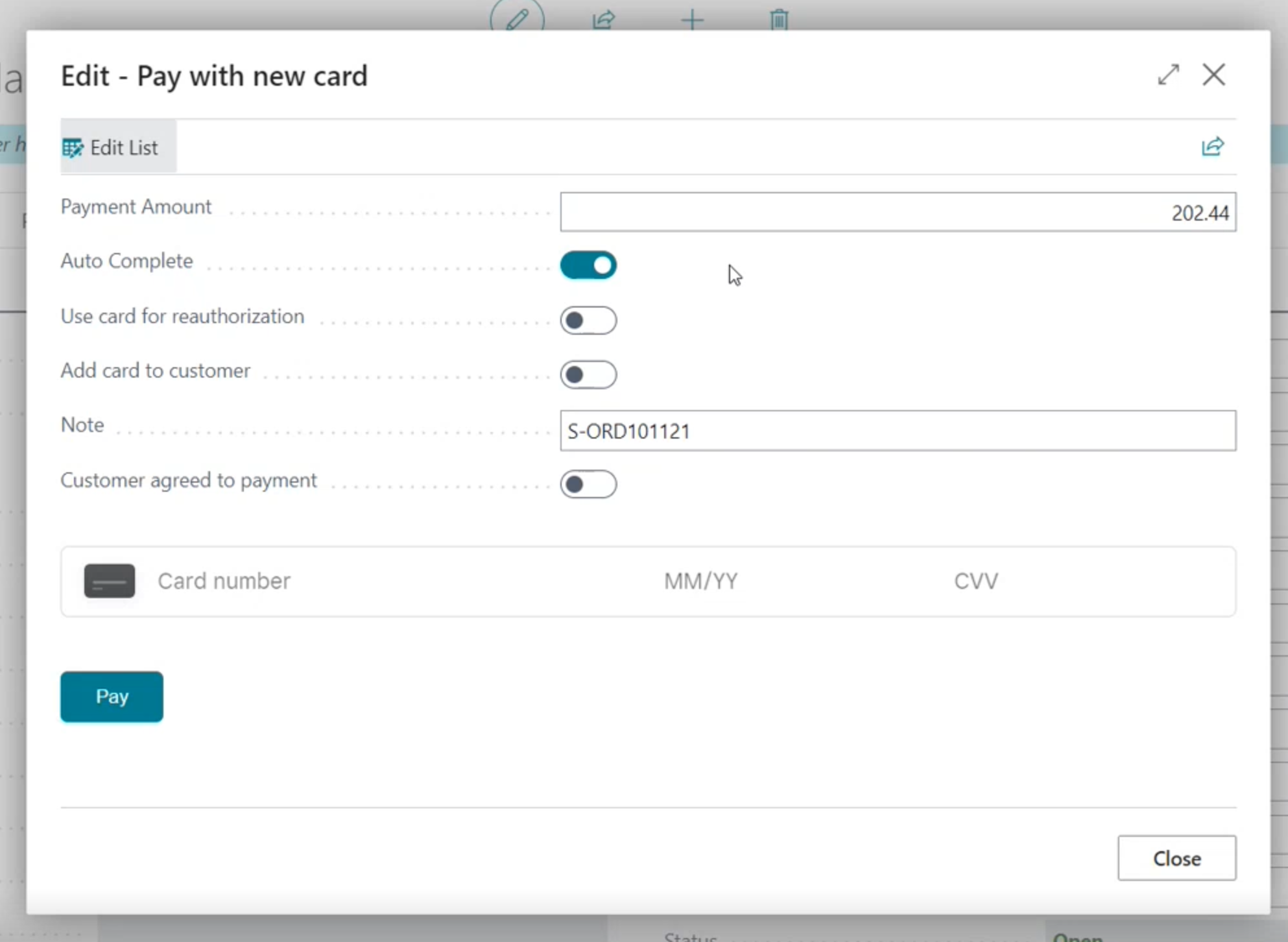 A graphic showing the payment amount and credit card inputs when paying with a new card in Business Central.
