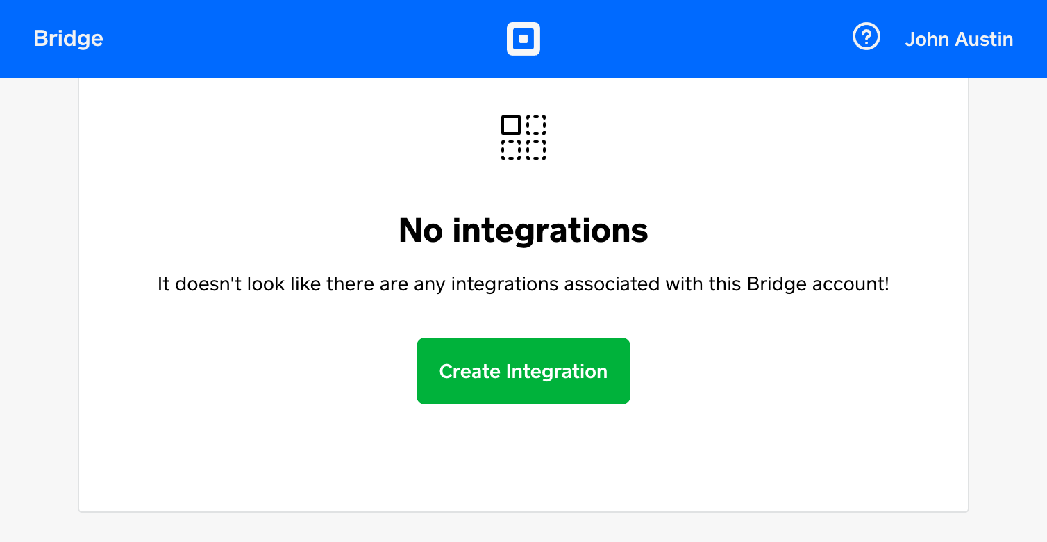 A graphic showing a Square Bridge page with no integrations created yet.