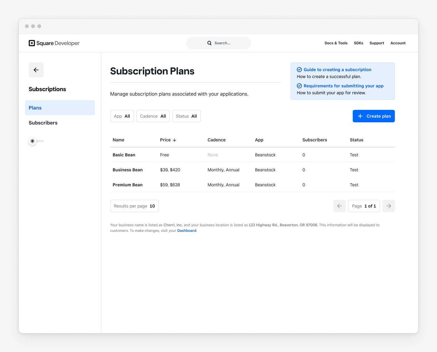 The Plans page of the Developer Dashboard listing multiple plan variations, their prices, and cadence. The plans are in "Test" status.