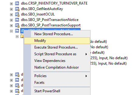 The SQL Server Management console, with the Object selected and edit properties in the Stored Procedures folder.