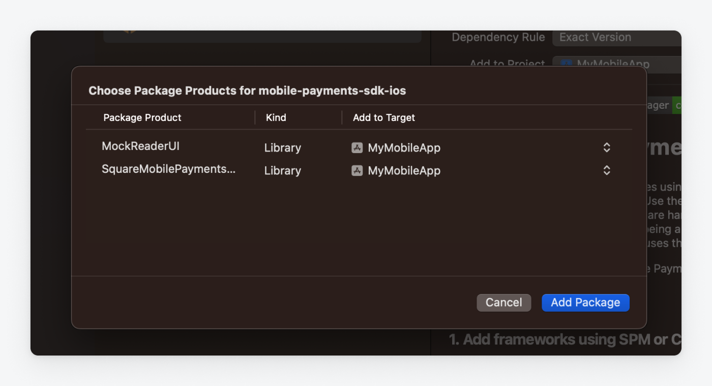 An Xcode screenshot showing the Square Mobile Payments SDK and the Mock Reader UI added to the application target