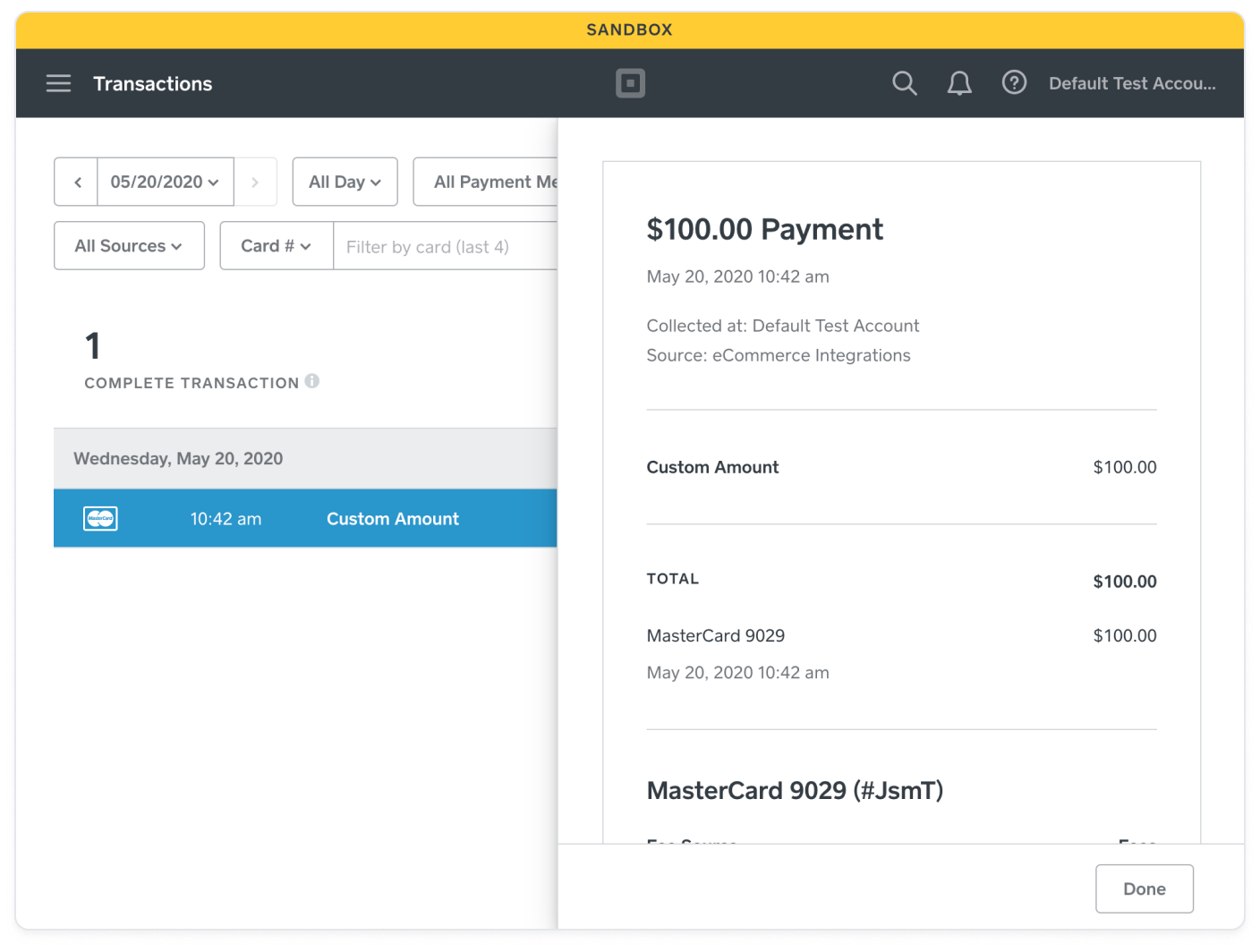 A screenshot showing the details of a transaction in the Square Dashboard.