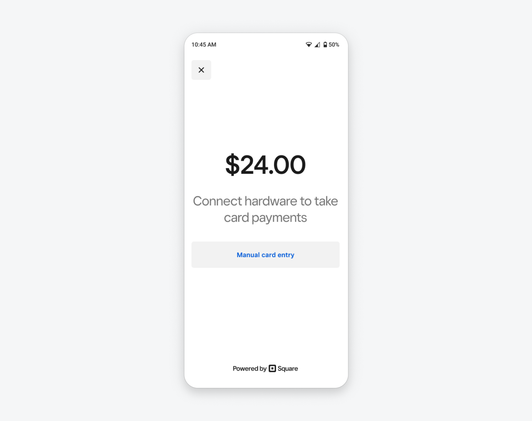 A graphic showing the default payment prompt screen for the Android Mobile Payments SDK. The screen shows a 24 dollar payment and prompts the user to connect hardware to take card payments.