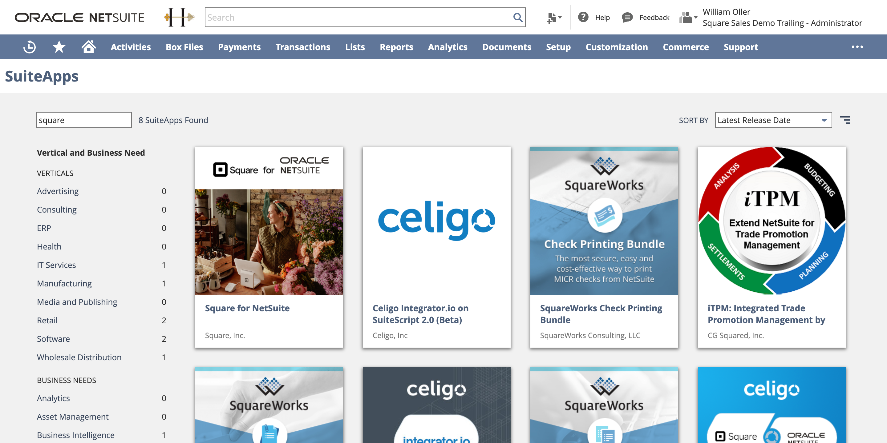 A screenshot showing the NetSuite Marketplace where you can choose the Square Bridge for 
NetSuite application.
