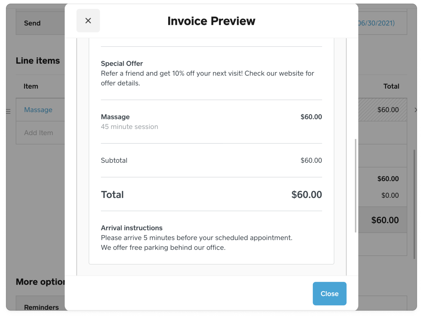 An invoice that includes a **Special Offer** custom field above the invoice line items and an **Arrival instructions** custom field below the invoice line items.