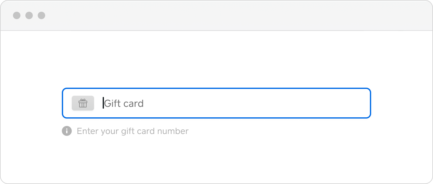 A graphic showing the gift card payment method for the Web Payments SDK rendered on a web page.