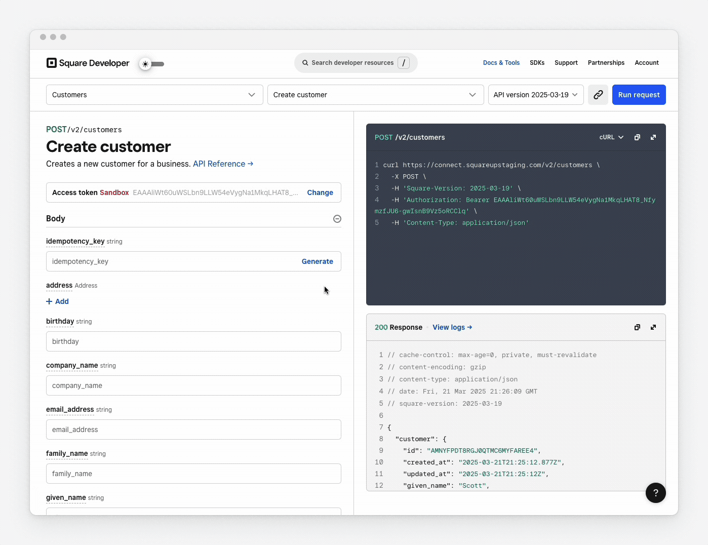 An animation showing how to enter parameters and run a request in API Explorer.