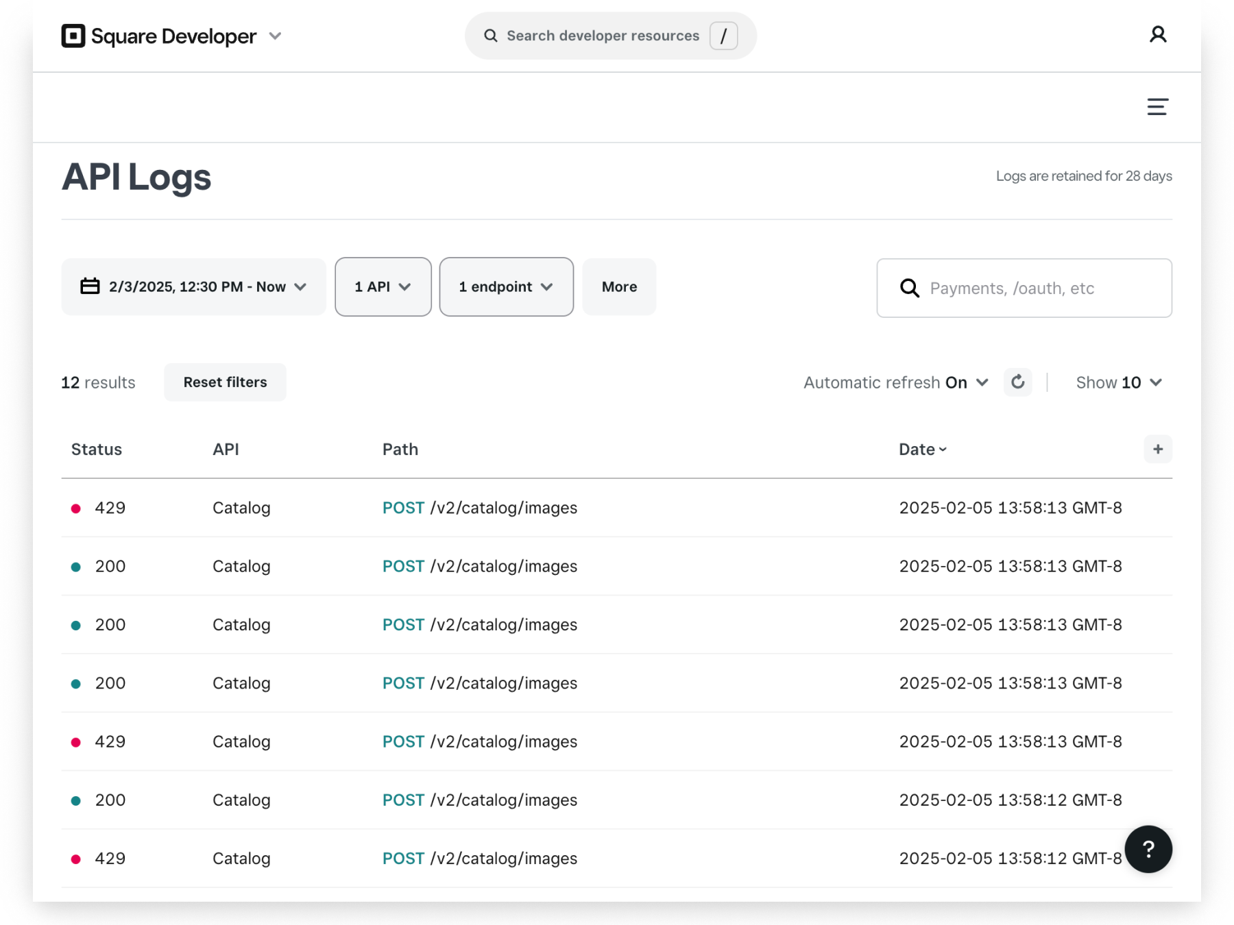 A screenshot of the API Logs page in the Developer Console showing errors with the 429 status code.