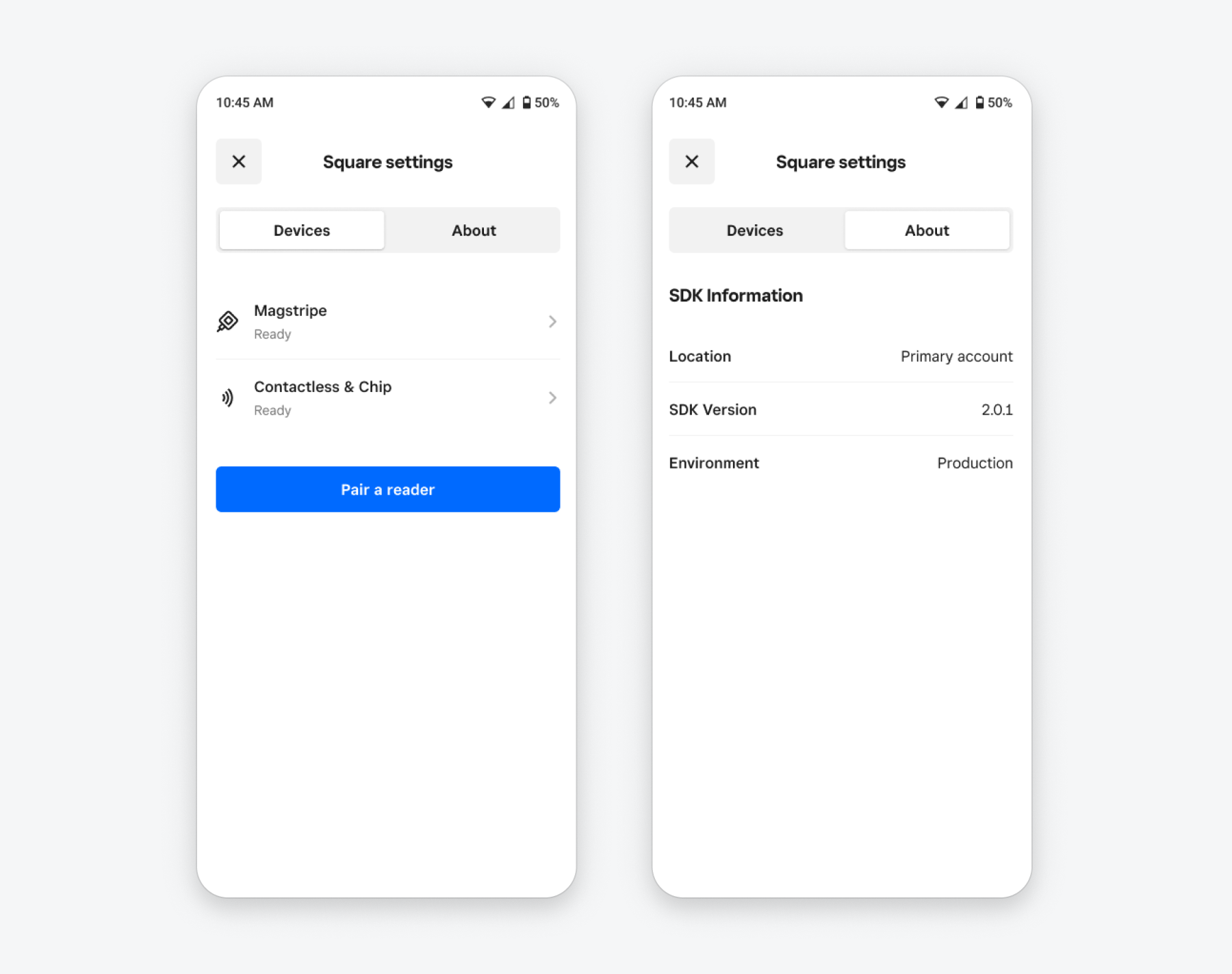 A graphic showing the Square-provided settings screen for the Android Mobile Payments SDK. The "Devices" and "About" tabs are shown