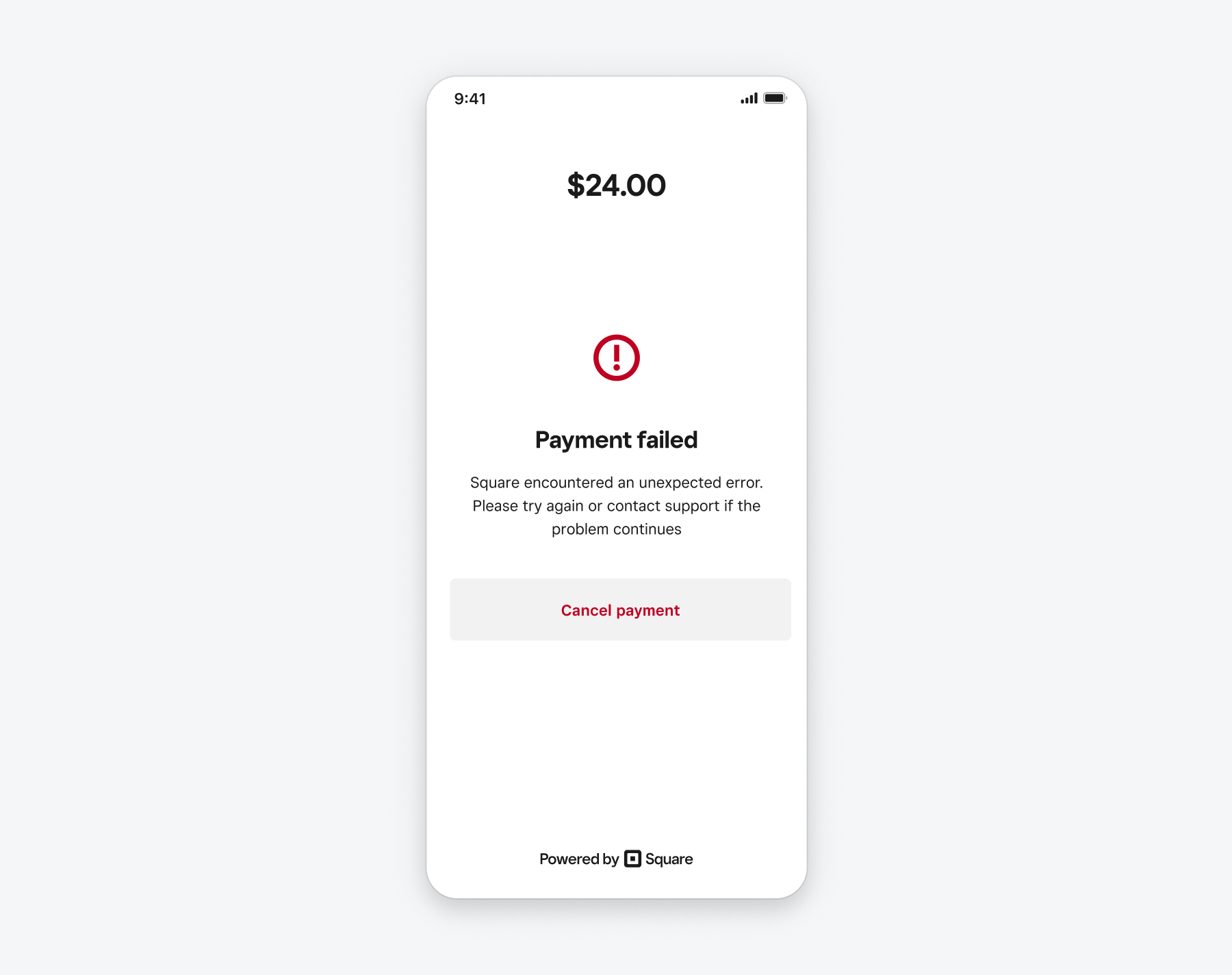 A screenshot of the Mobile Payments SDK Payment UI showing a failed payment for 24 dollars. The error message reads "Square encountered an unexpected error. Please try again or contact support if the problem continues."