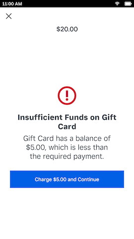 A Square Terminal image displaying an insufficient funds warning during a partial authorization checkout.