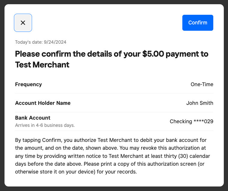 A modal of the ACH bank authorization to confirm debit of bank account for payment.