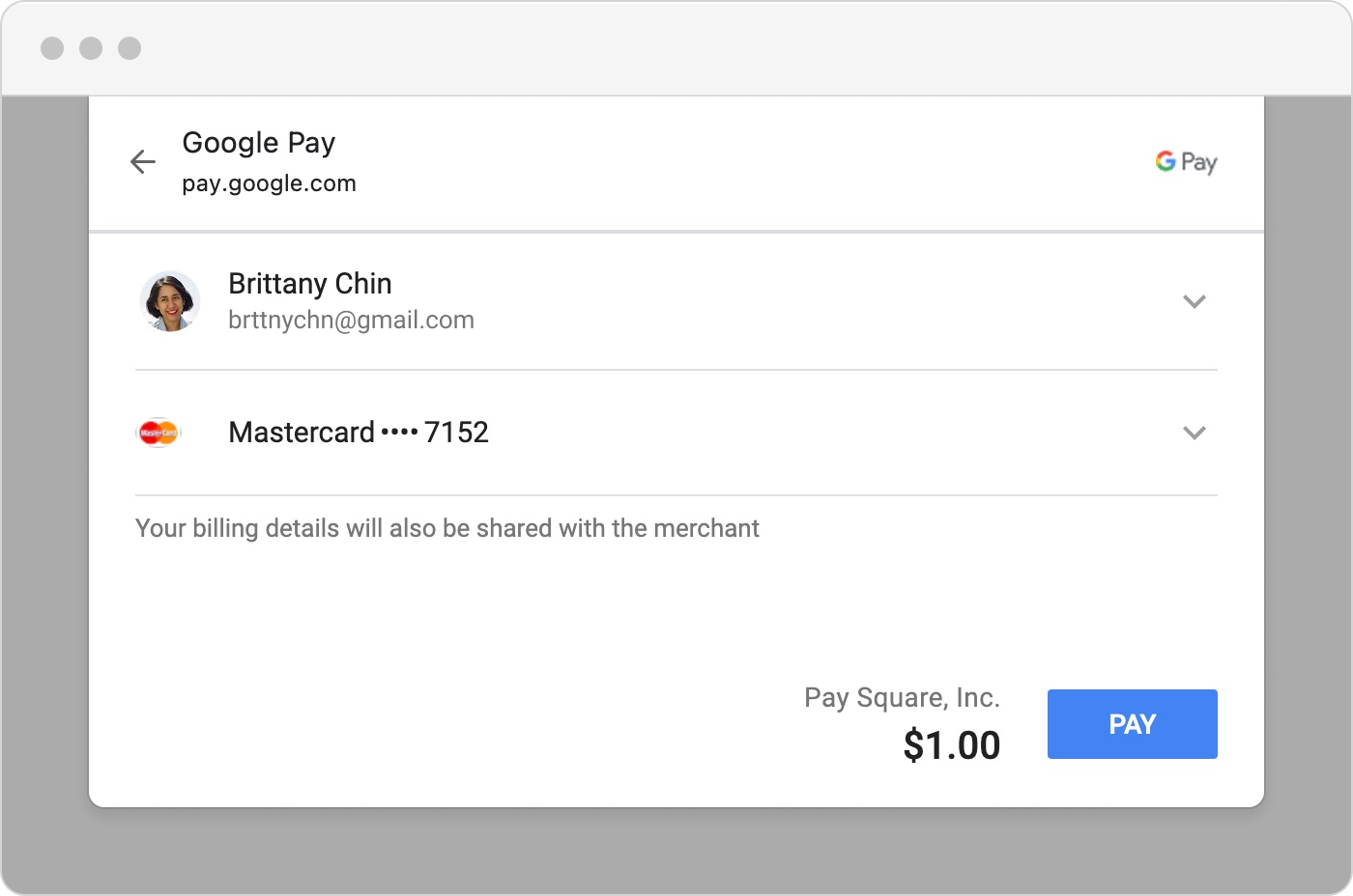 A graphic showing the Google Pay pay sheet rendered by the Web Payments SDK.