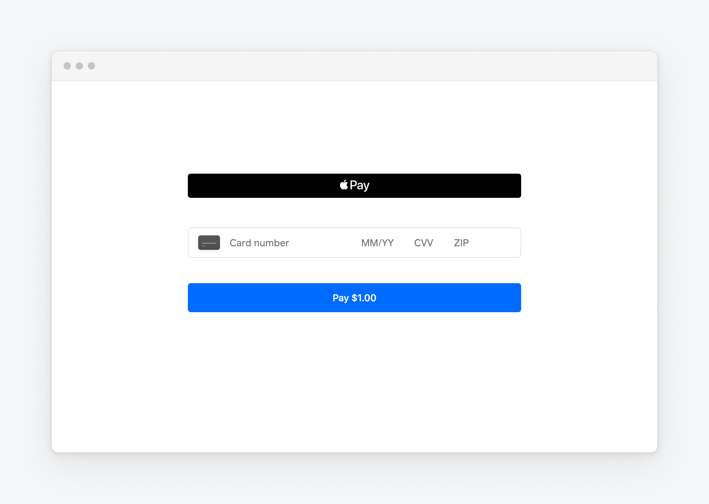 A graphic showing a typical payment card input and Apple Pay layout for Web Payments SDK integrations.