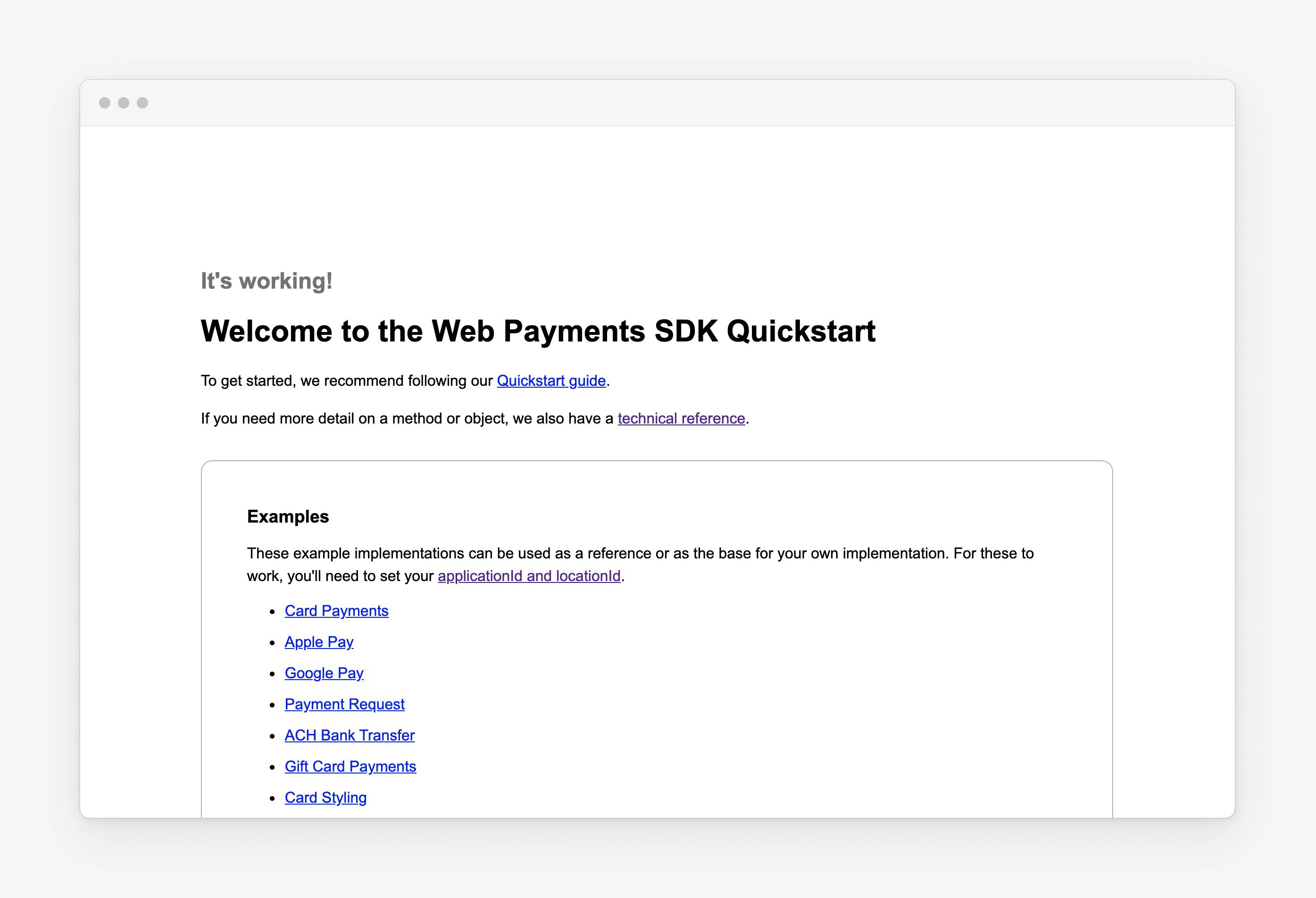A graphic showing the default Quickstart web page that confirms that the sample is running.