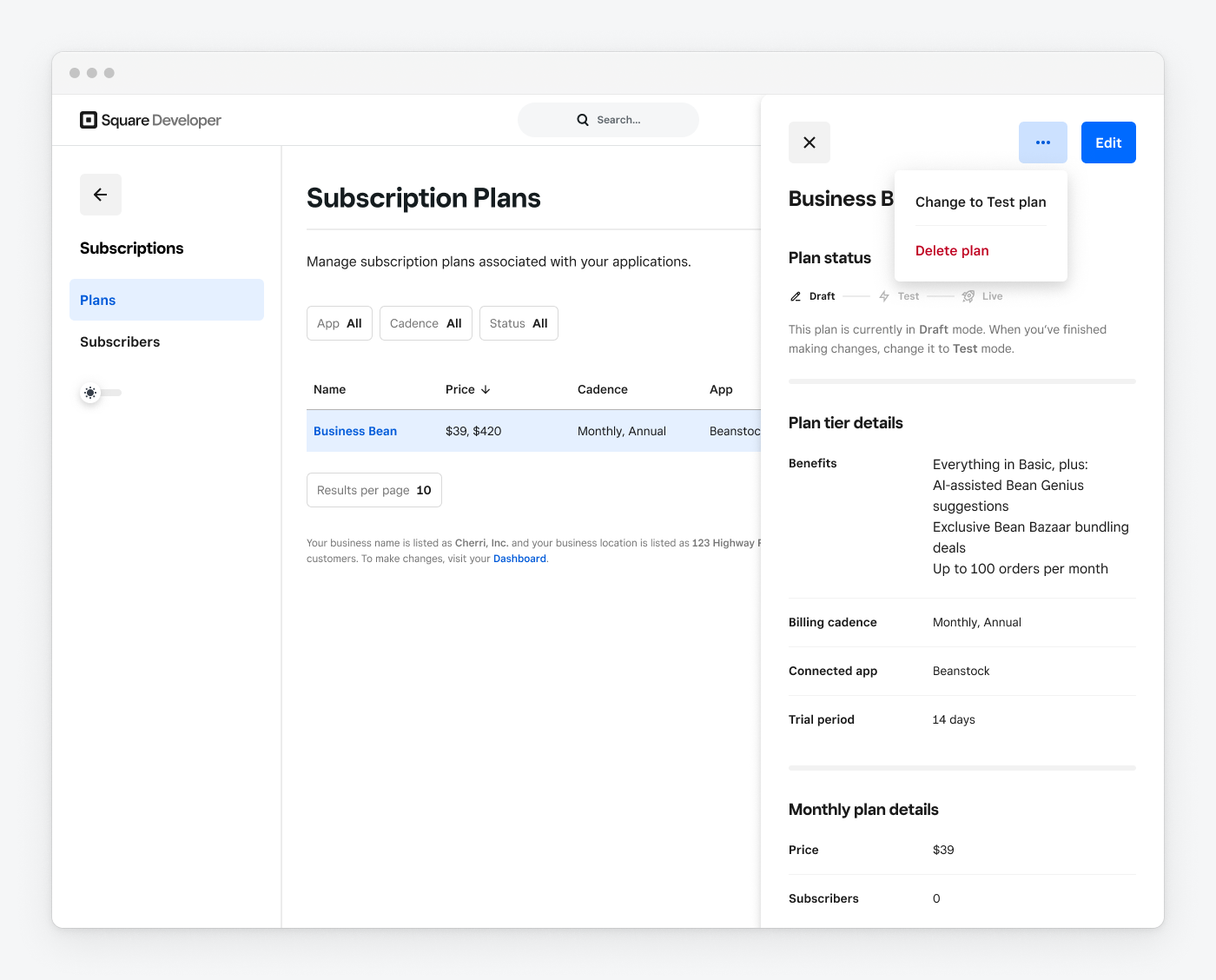 Changing an app subscription plan from "Draft" to "Test plan in the developer dashboard