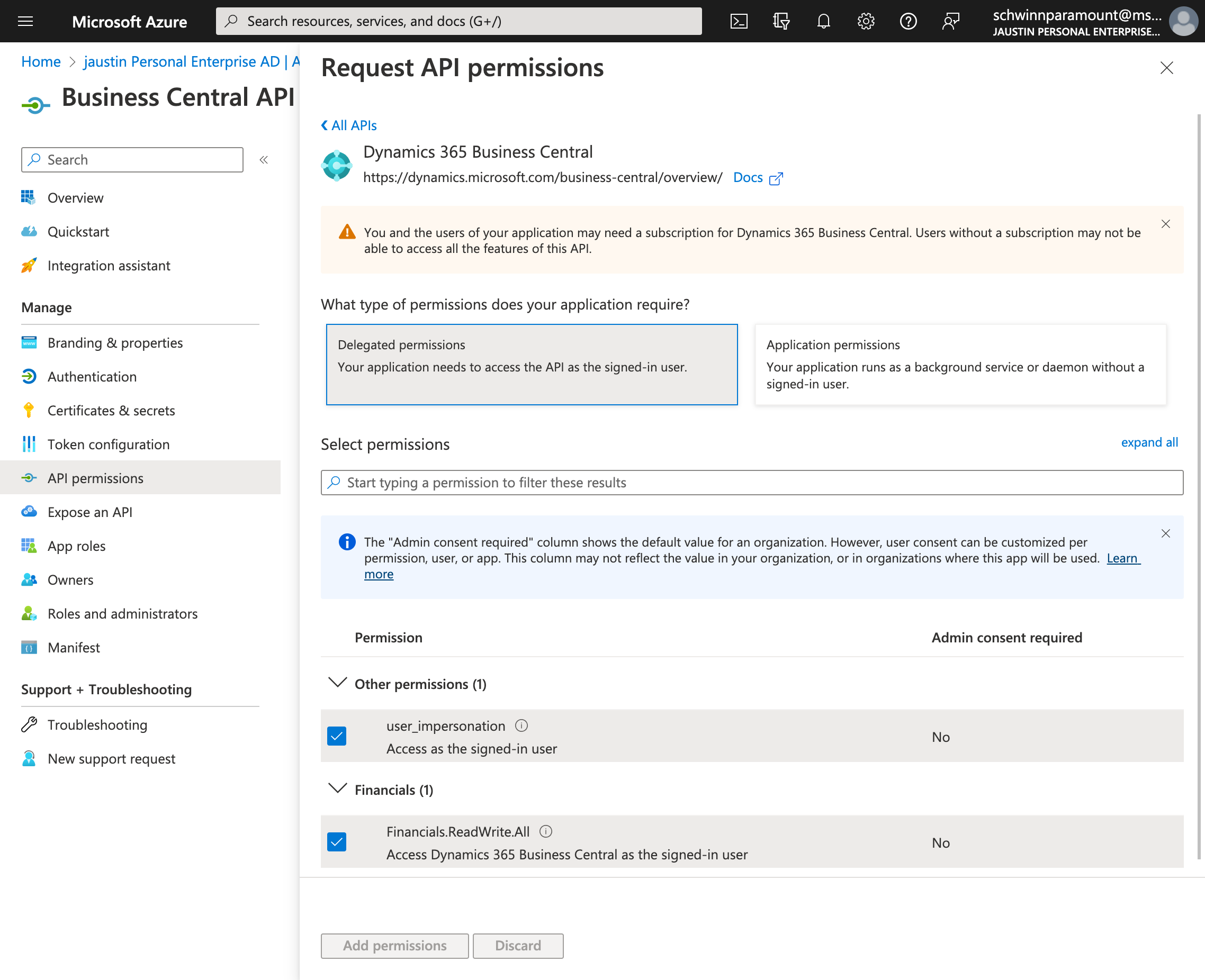A graphic showing the delegated API permissions for an application in Microsoft Azure.