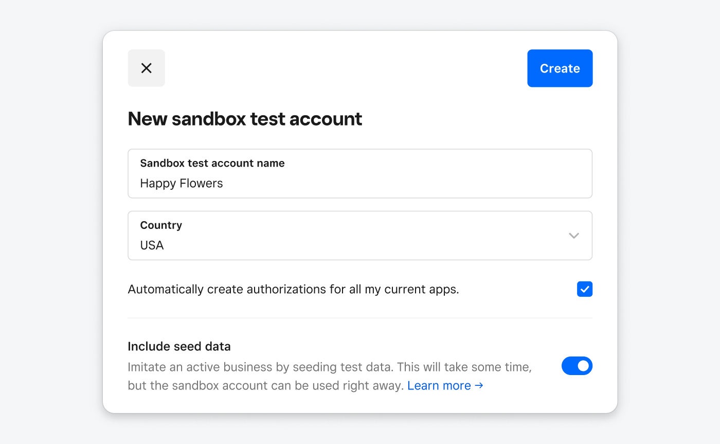 A screenshot showing the Developer Console Sandbox, test account create dialog, with the seed data toggle.