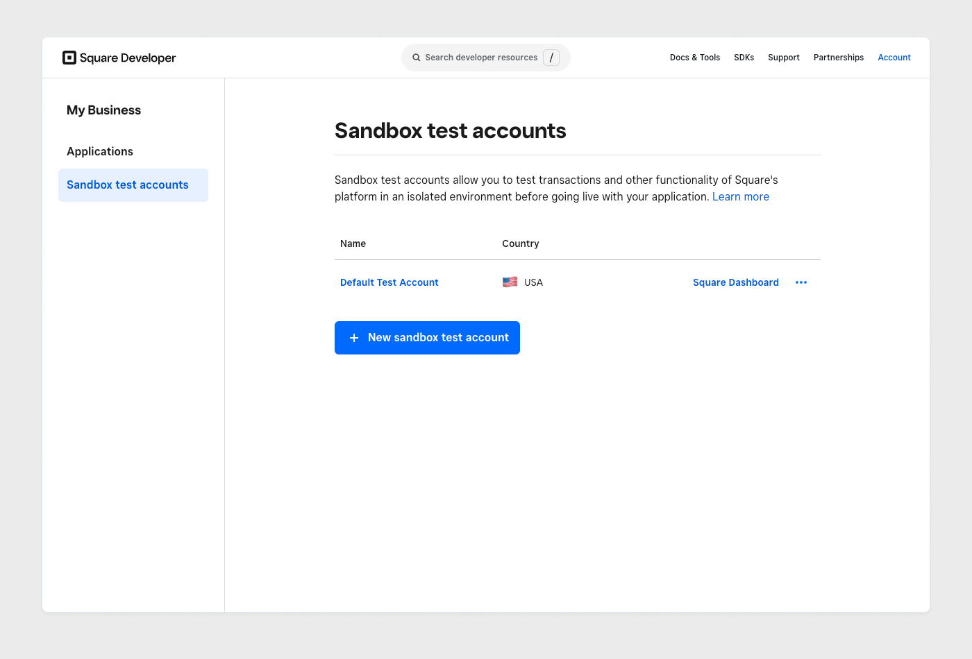 A screenshot of the Sandbox test accounts page in the Developer Dashboard.