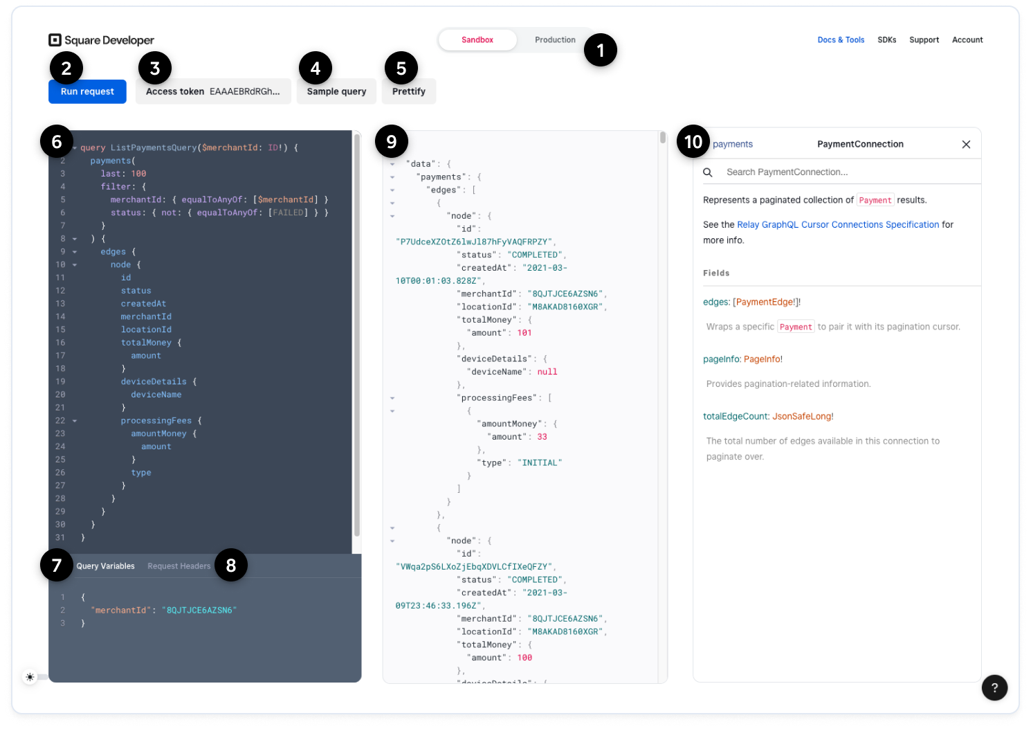 A screenshot of GraphQL Explorer with numbered features.
