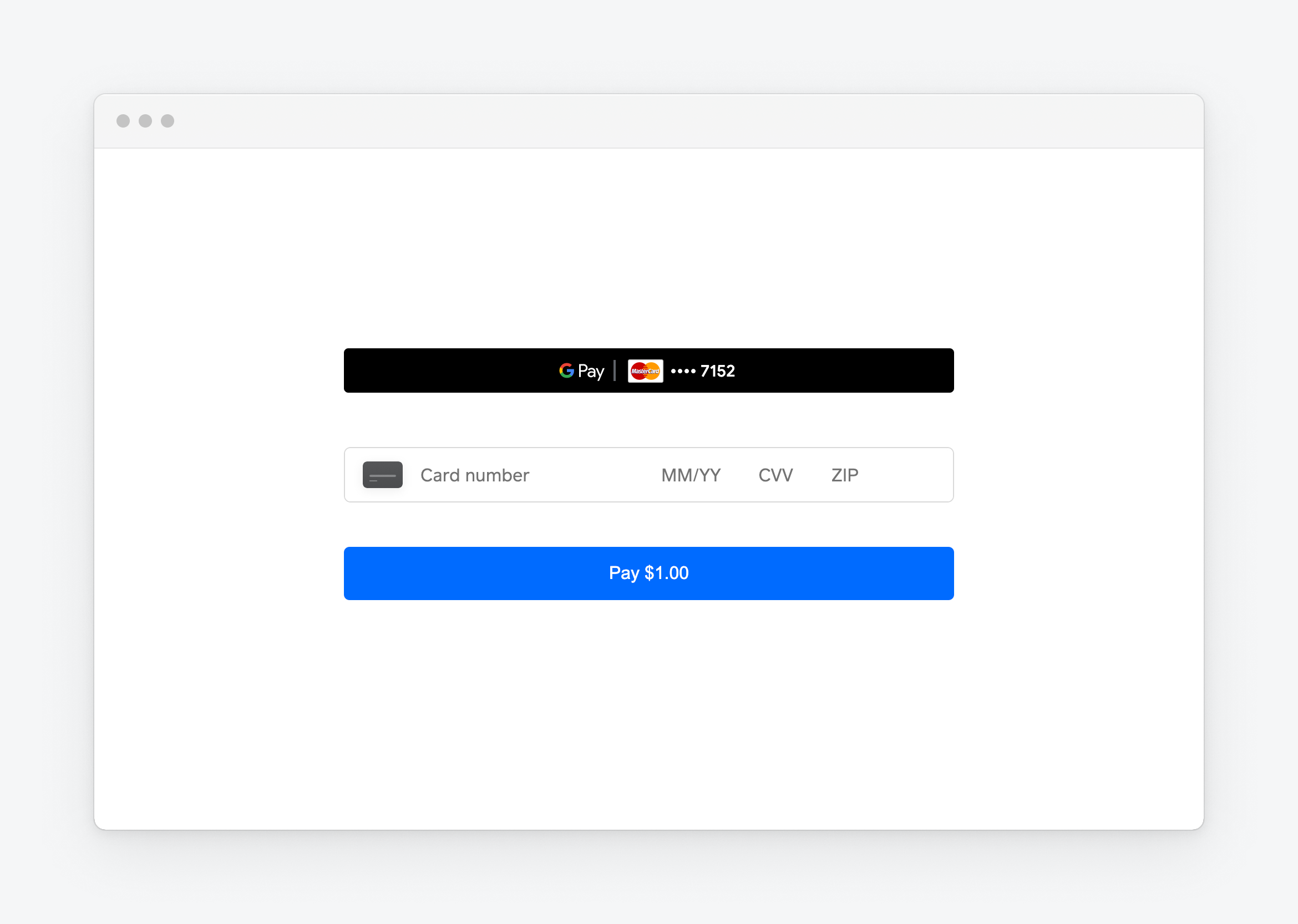 A graphic showing a typical payment card input and Google Pay layout for Web Payments SDK integrations.