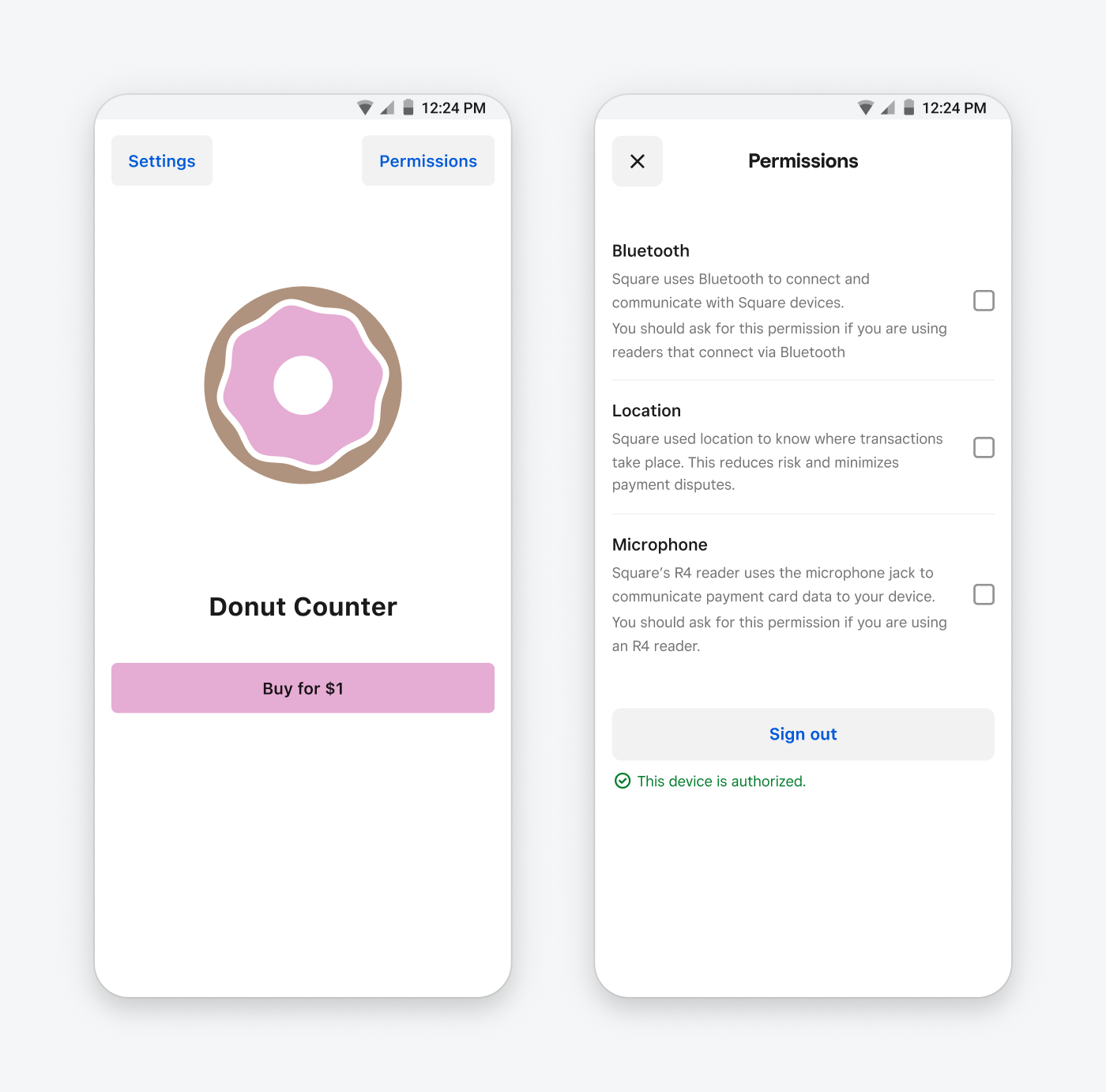 Screenshots of the Square Mobile Payments SDK Android sample app, showing the purchase screen and permission selection screen