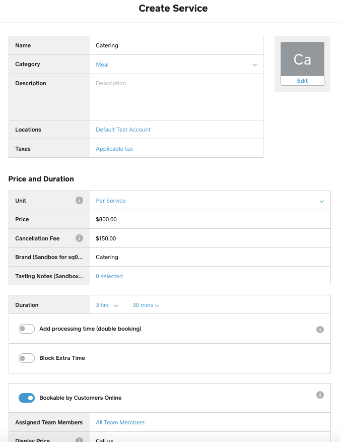 A screenshot showing the Create Service page for creating a bookable service in the Seller Dashboard.