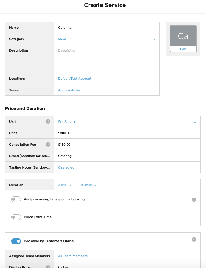 A screenshot showing the Create Service page for creating a bookable service in the Square Dashboard.