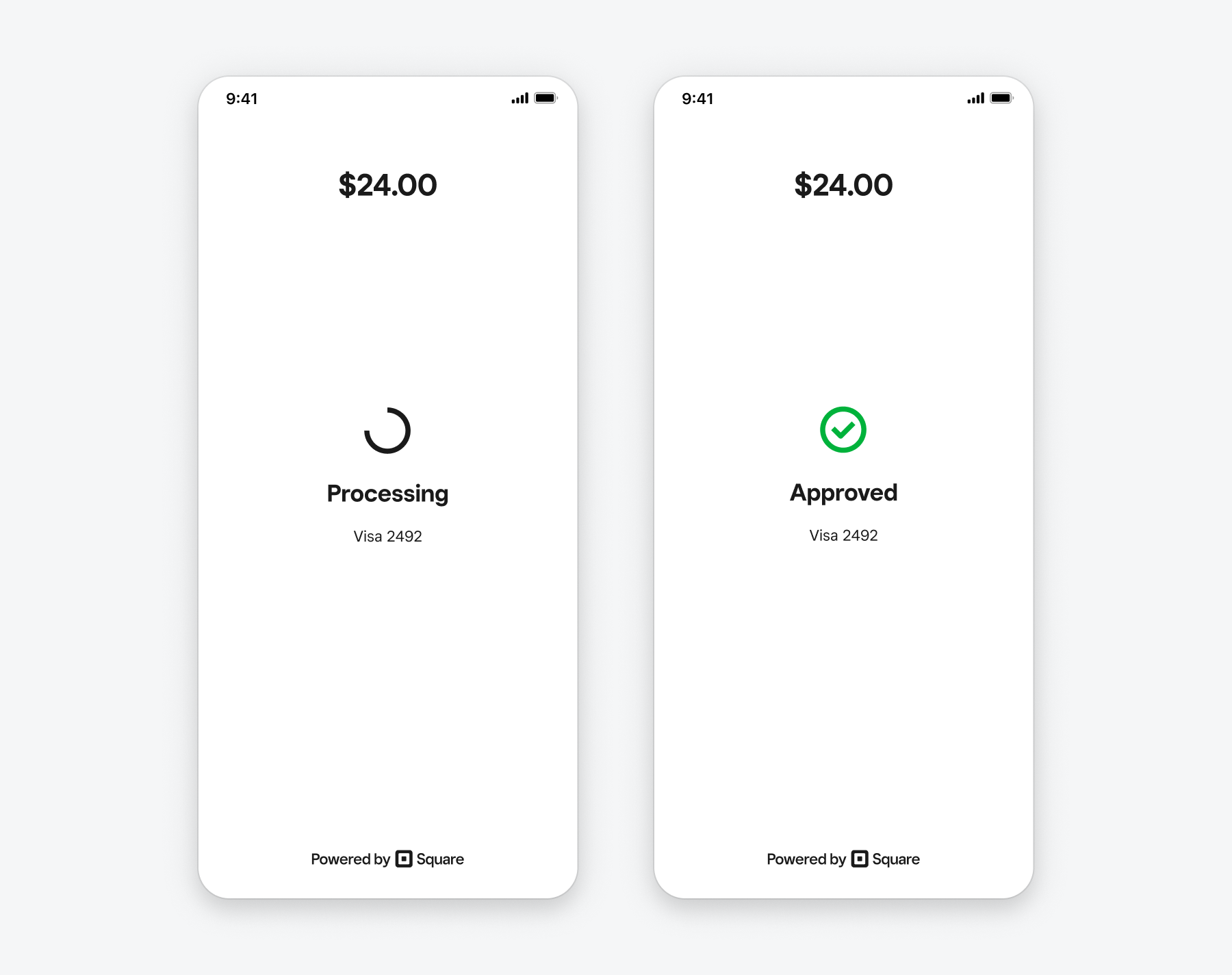 A graphic showing two payment screens in the Mobile Payments SDK, showing a 24 dollar payment going through "Processing" and "Approved" status 
