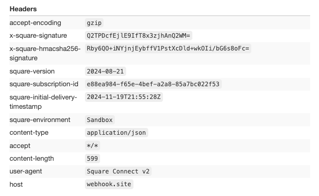 A screenshot showing headers for a webhook event notification displayed on webhook.site.